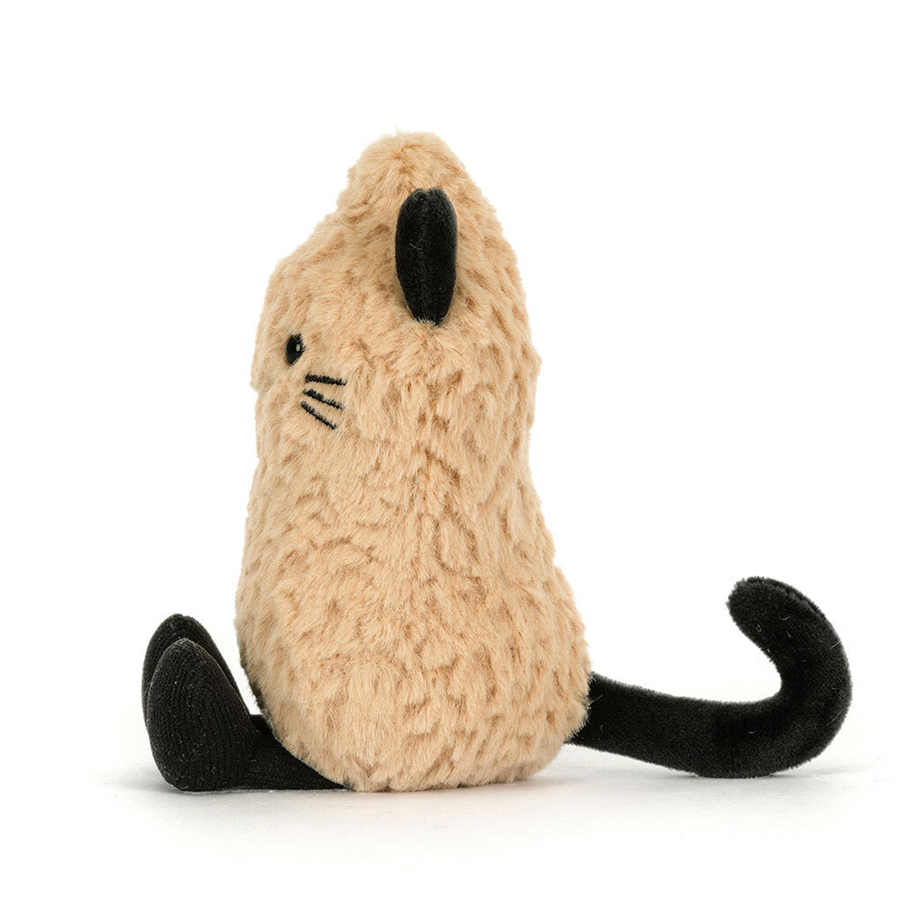 A small plush cat toy in a light beige color with black ears, eyes, whiskers, and tail, sitting on a white background.