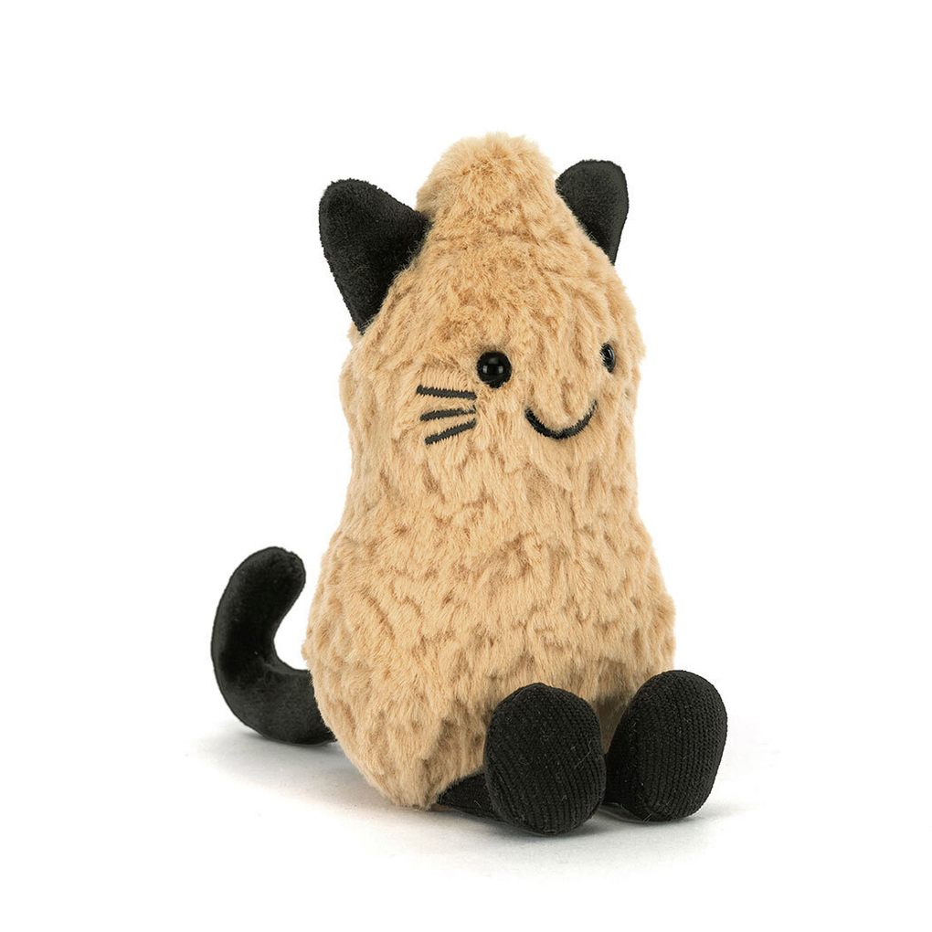 A plush cat toy in a warm beige/tan color with black ears, paws, and tail, sitting against a plain white background.