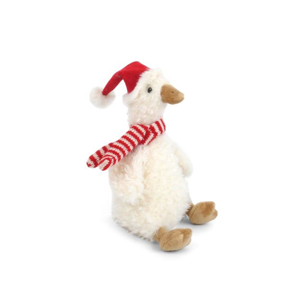Plush toy sheep wearing a red Santa hat and scarf on a white background