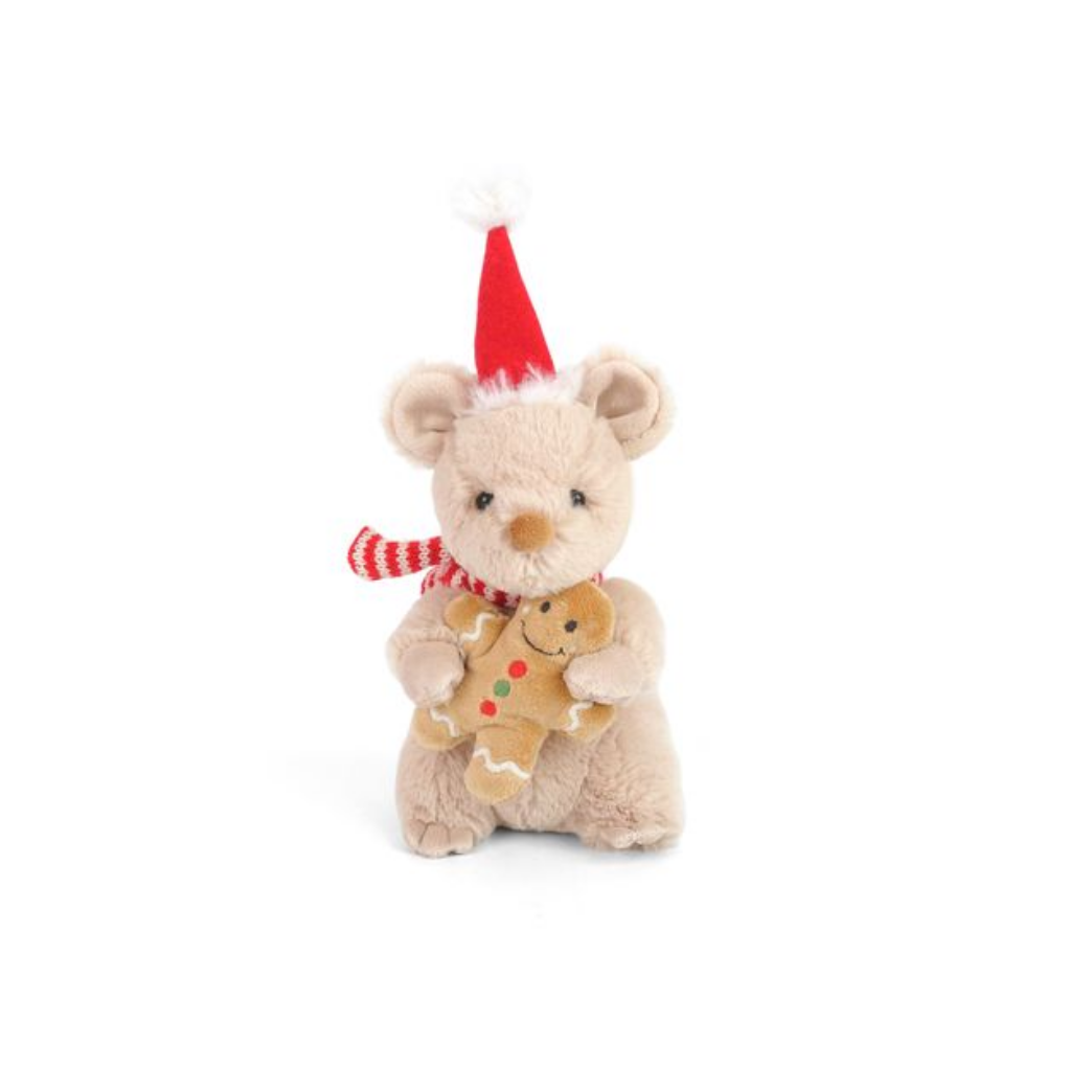 Plush bear wearing a Santa hat holding a gingerbread man on a white background