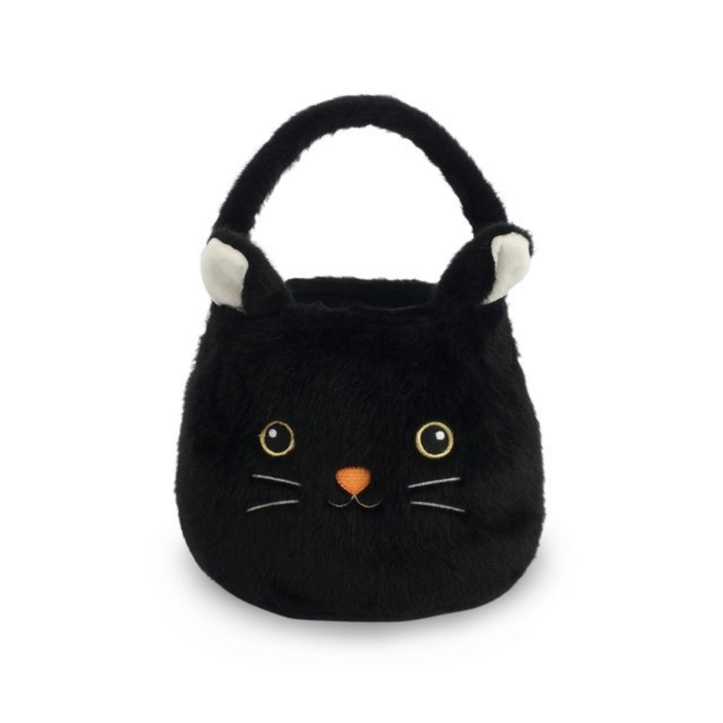 A black plush cat-shaped handbag with a top handle, featuring embroidered white ears, eyes, whiskers, and a small orange nose on a plain white background.