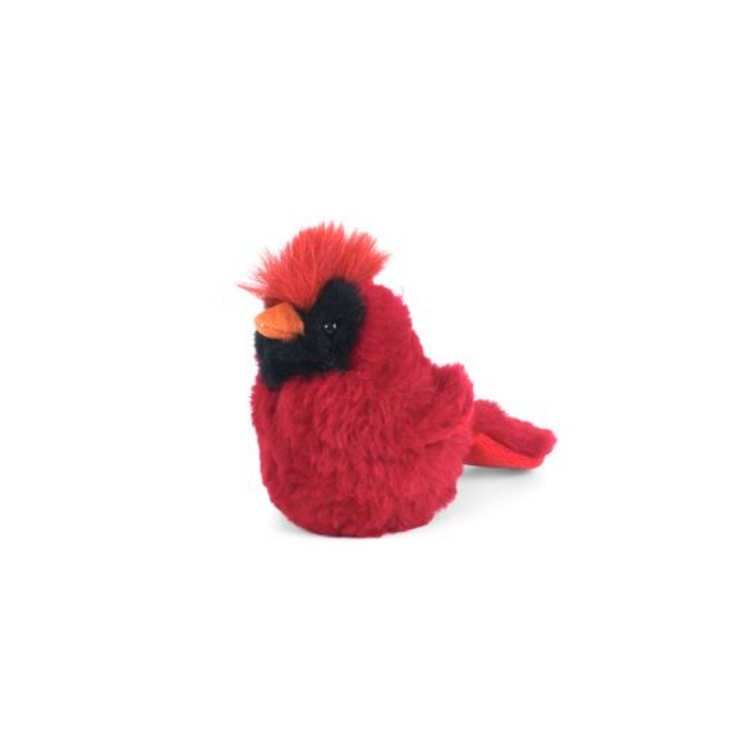 Plush red cardinal bird toy on a white background