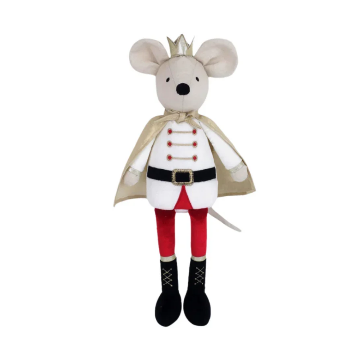 A plush toy mouse dressed as a prince, featuring a cream-colored face and ears, a gold crown, a white tunic with red buttons, a beige cape, red pants, and black boots, isolated on a white background.