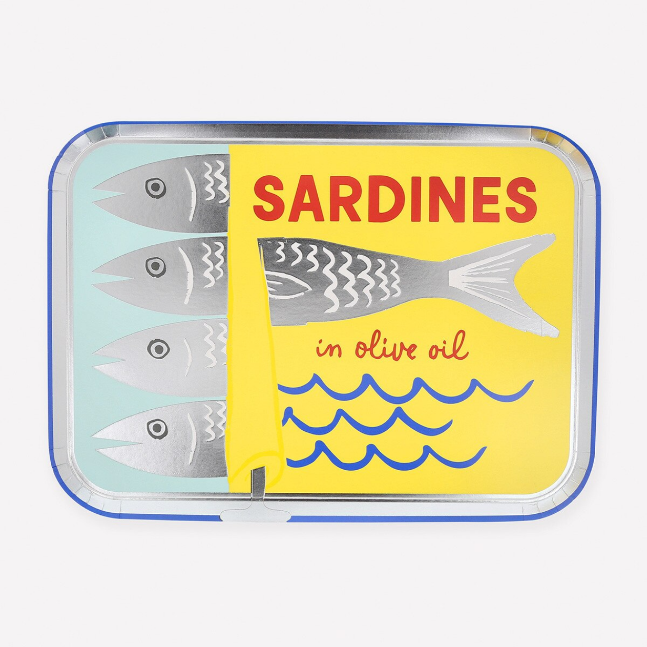 Sardine can with yellow label and blue border on a white background
