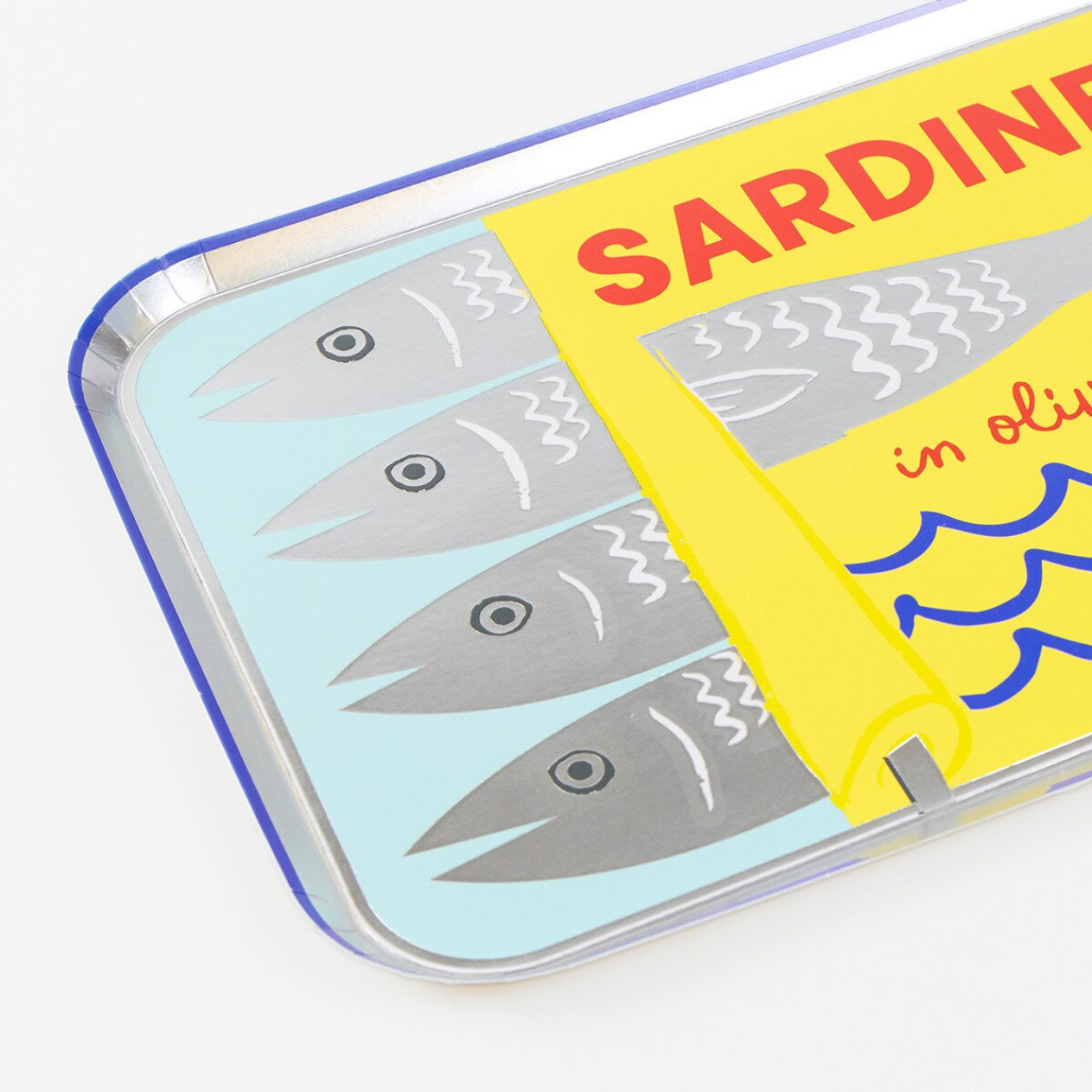Sardine can design on a phone case with yellow label and blue background