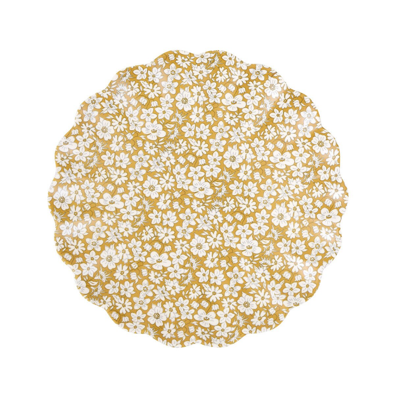 Round yellow placemat with white floral pattern on a white background