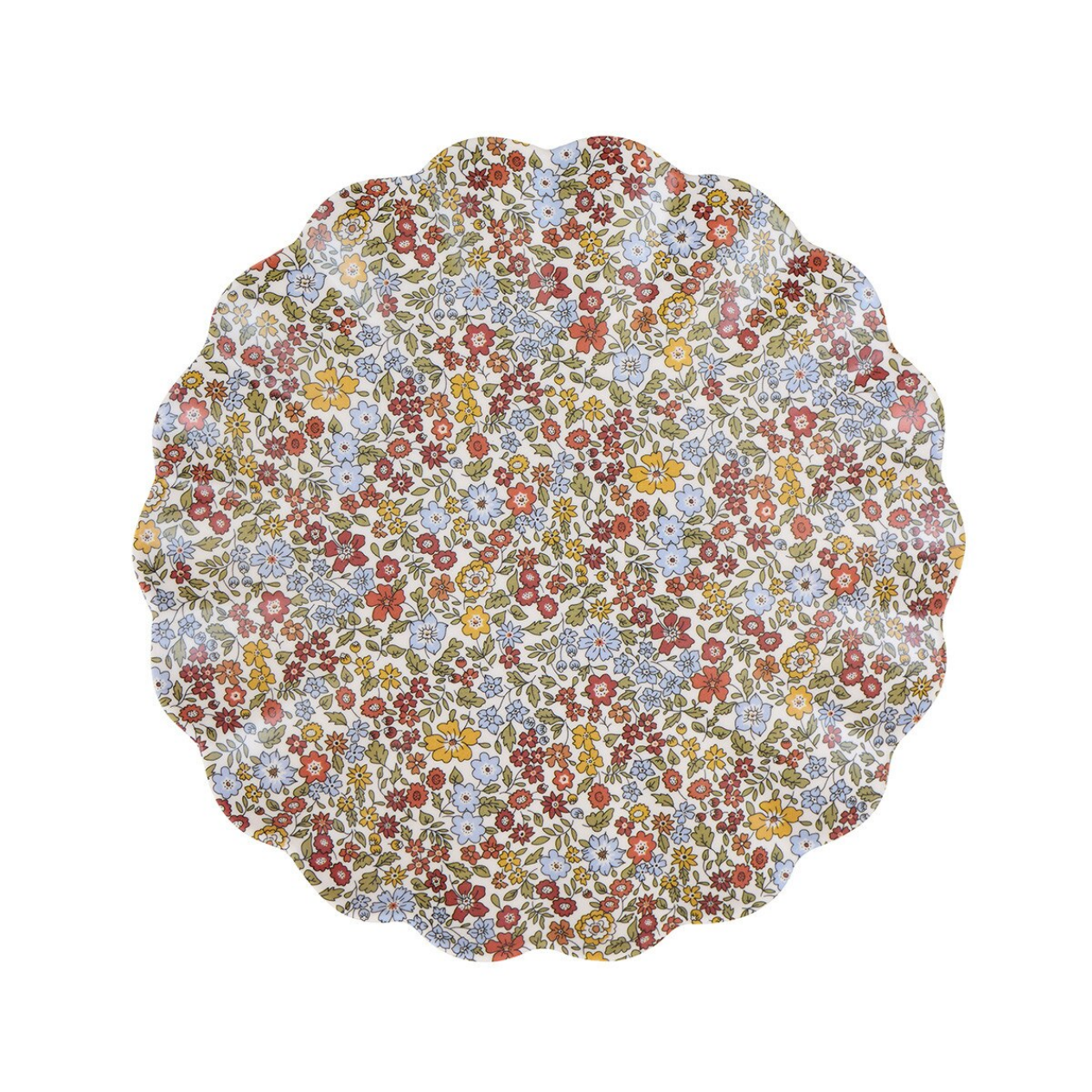 A scalloped-edge ceramic plate featuring a dense, all-over floral print with red, blue, yellow, and green flowers on a white background.