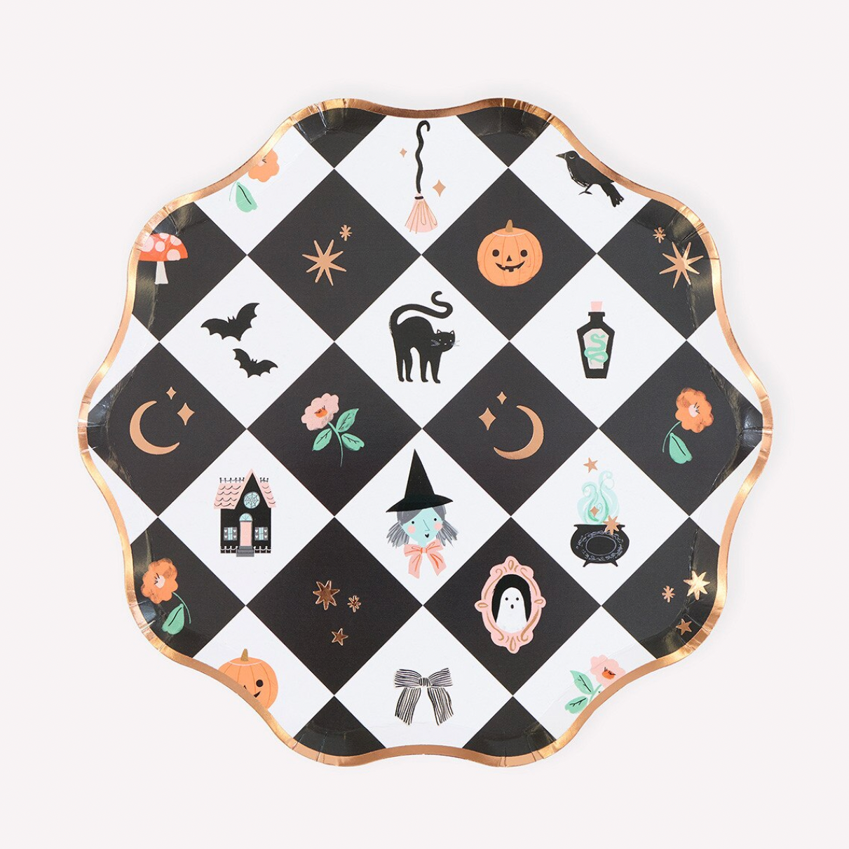 A scalloped paper plate featuring a black and white checkered pattern with various Halloween-themed illustrations, including a witch, cat, pumpkin, bat, potion bottle, and haunted house, set against a light off-white background.