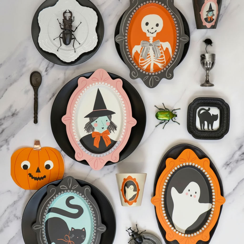 Halloween-themed decorative plates with various designs on a marble surface.