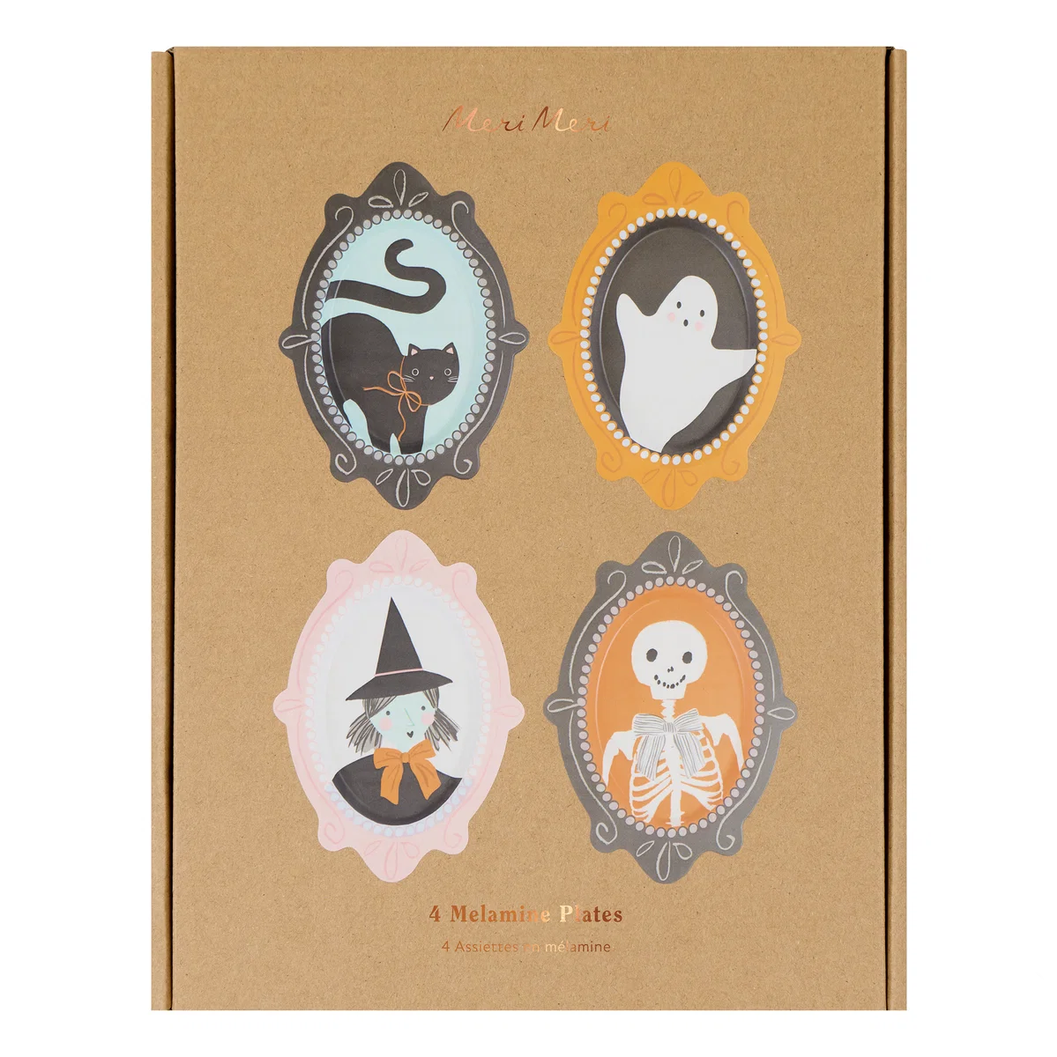 Packaging of Halloween-themed melamine plates with illustrations on a brown background
