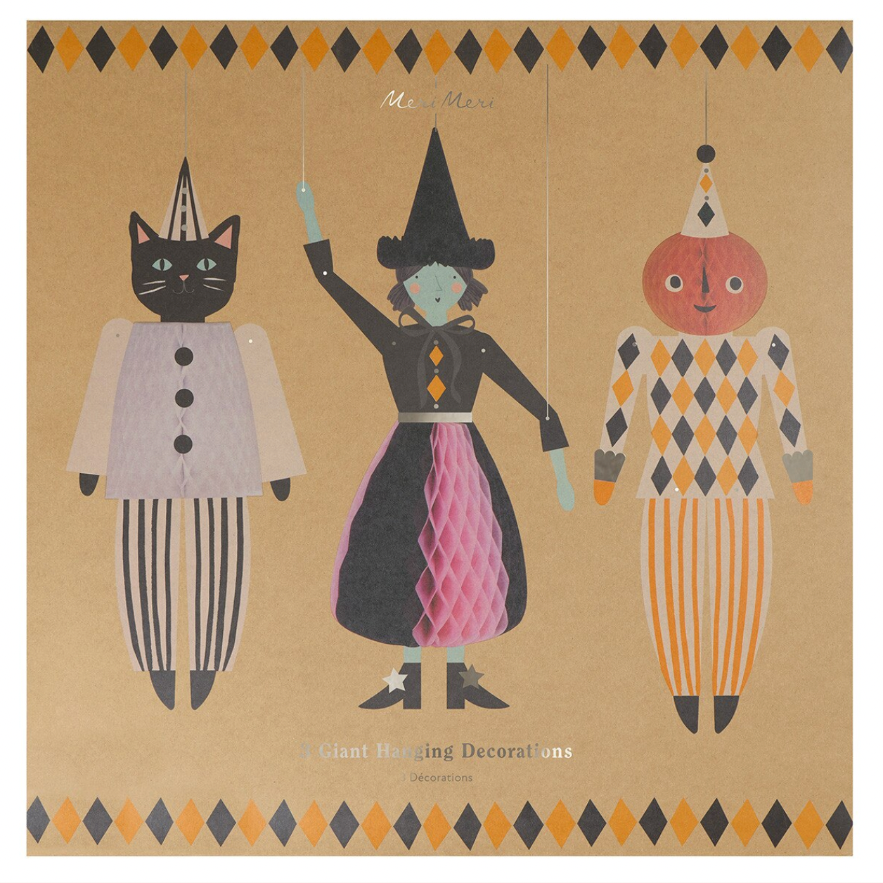 A vintage-style art boxfeaturing three whimsical hanging figures on a tan background, bordered by black and orange diamond patterns at the top and bottom. The left figure is a black cat in a costume, the center figure is a witch-like character with a black hat and pink skirt, and the right figure is a pumpkin-headed character in an argyle outfit.