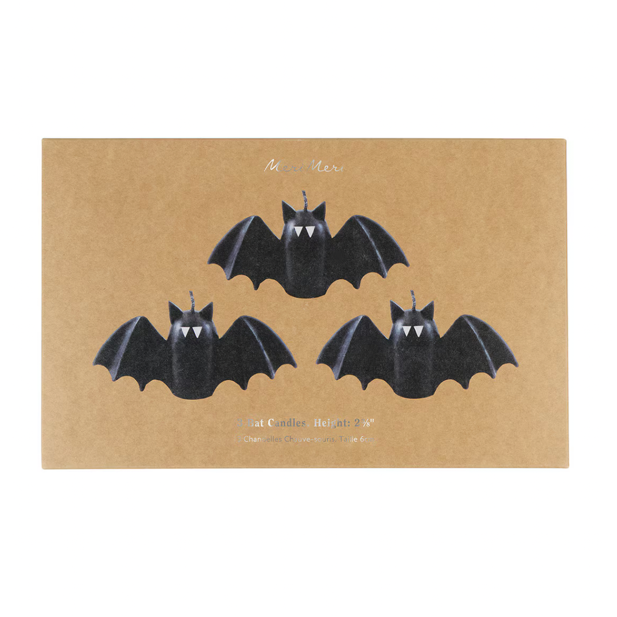 A rectangular kraft paper card featuring three black bat illustrations arranged in a triangle, with small printed text near the top and bottom, photographed against a white background.
