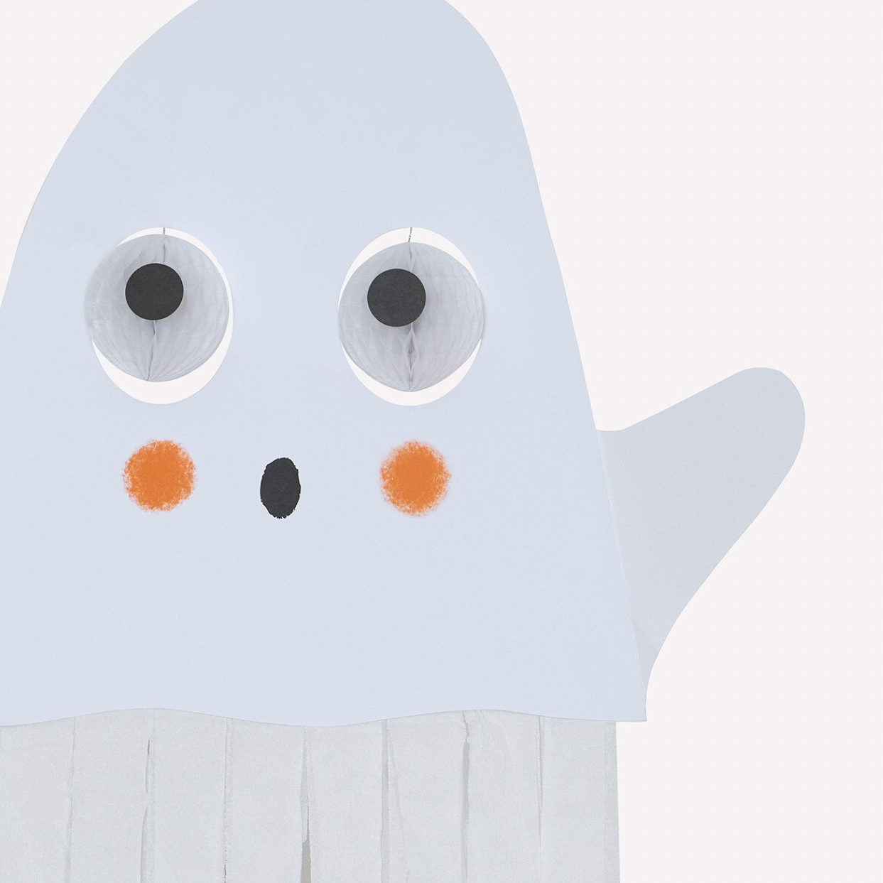 A minimalist ghost-shaped art print or illustration on a light gray background. The ghost has large white circular eyes with black centers, two small orange circular cheeks, a small black nose, and a white pleated lower section.