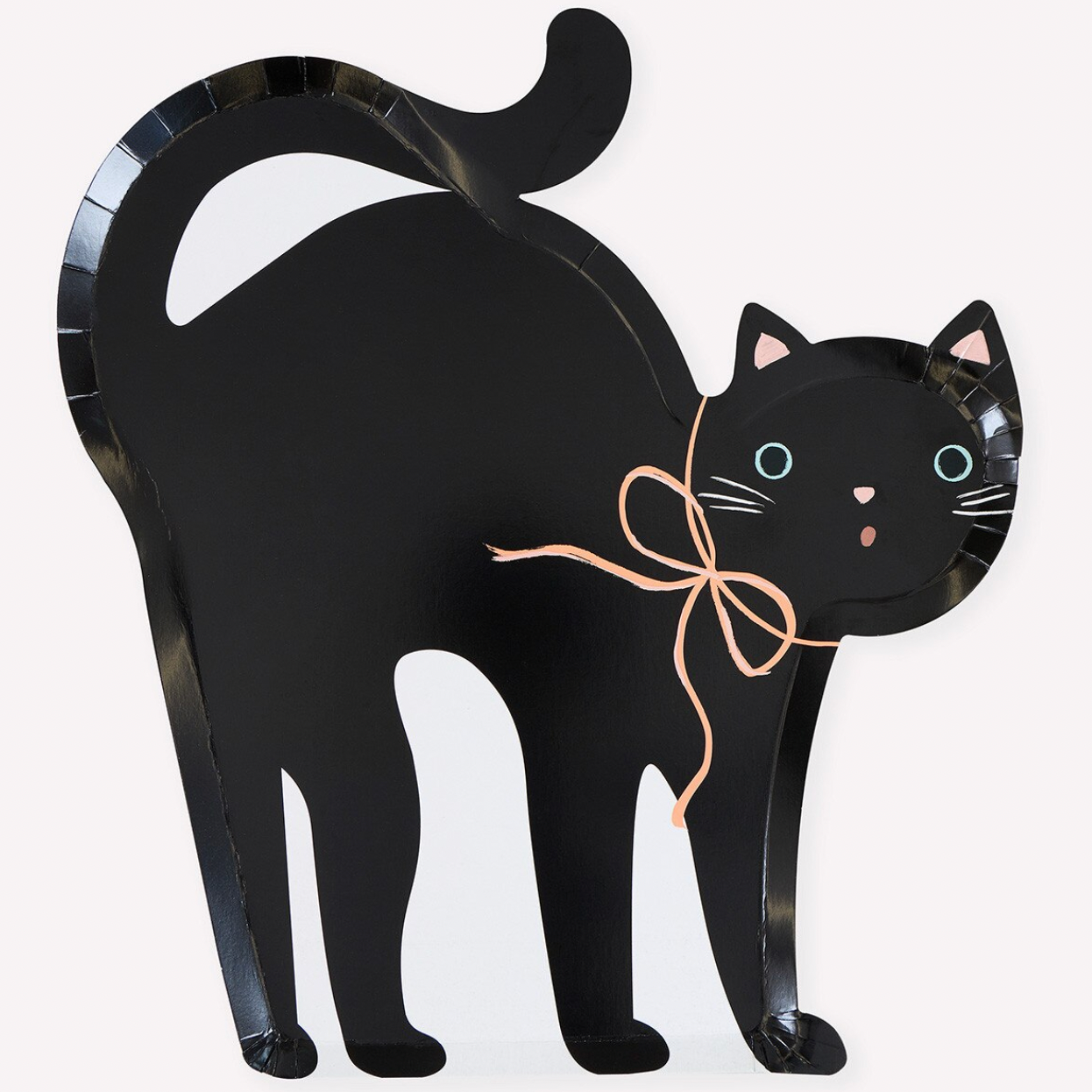 A black cat-shaped decorative sign or wall decor made from a paper plate, featuring a glossy black finish, light pink inner ears, blue eyes, white whiskers, and a peach ribbon bow around the neck, shown on a plain light background.