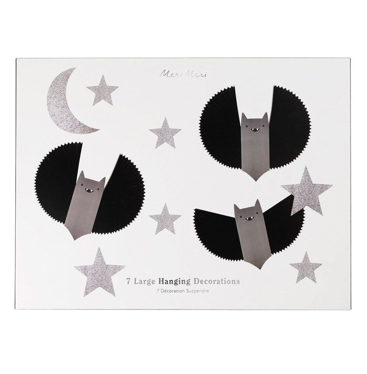 A boxed set of bat and moon wall hanging decorations on a white background. The package shows three black-and-gray bat shapes, a silver crescent moon, and several silver stars, with text reading 'Mermaid' and '7 Large Hanging Decorations'.