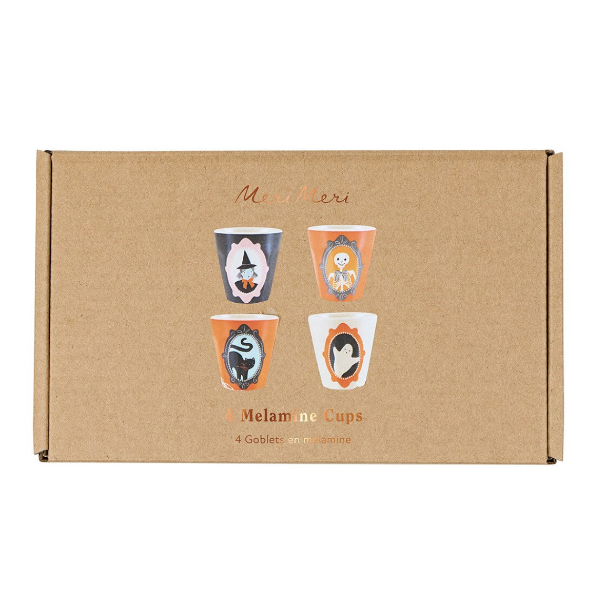 A brown kraft paper box for Melamine Cups, featuring illustrations of four decorated cups and the text 'Melamine Cups' on the front, set against a plain white background.