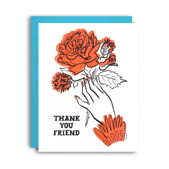 Greeting card with a hand holding flowers and 'Thank you, Friend' text on a white background.