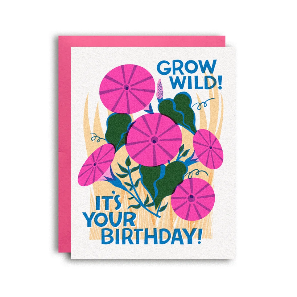 Birthday card with pink flowers and 'Grow Wild! It's Your Birthday!' text on a white background