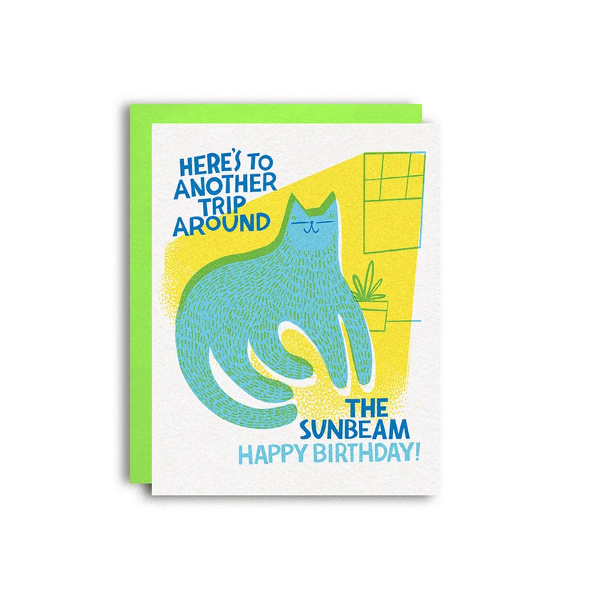 Greeting card with a blue cat illustration and text on a white background