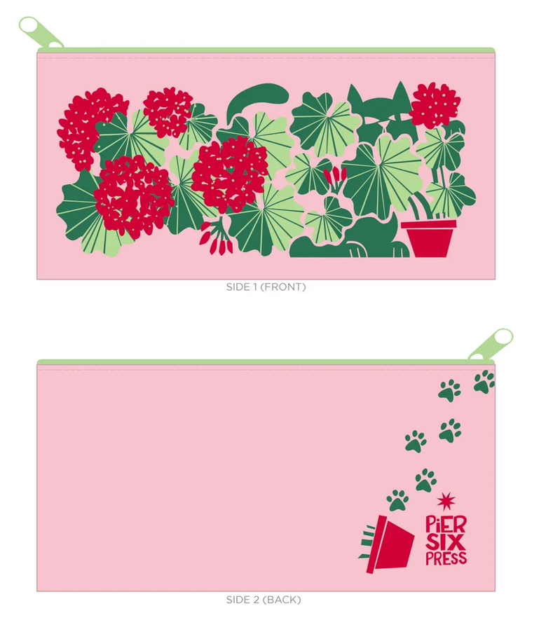 Two pink pouches with floral and paw print designs on a white background