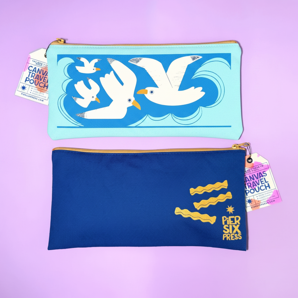 Two blue pouches with different designs on a purple background