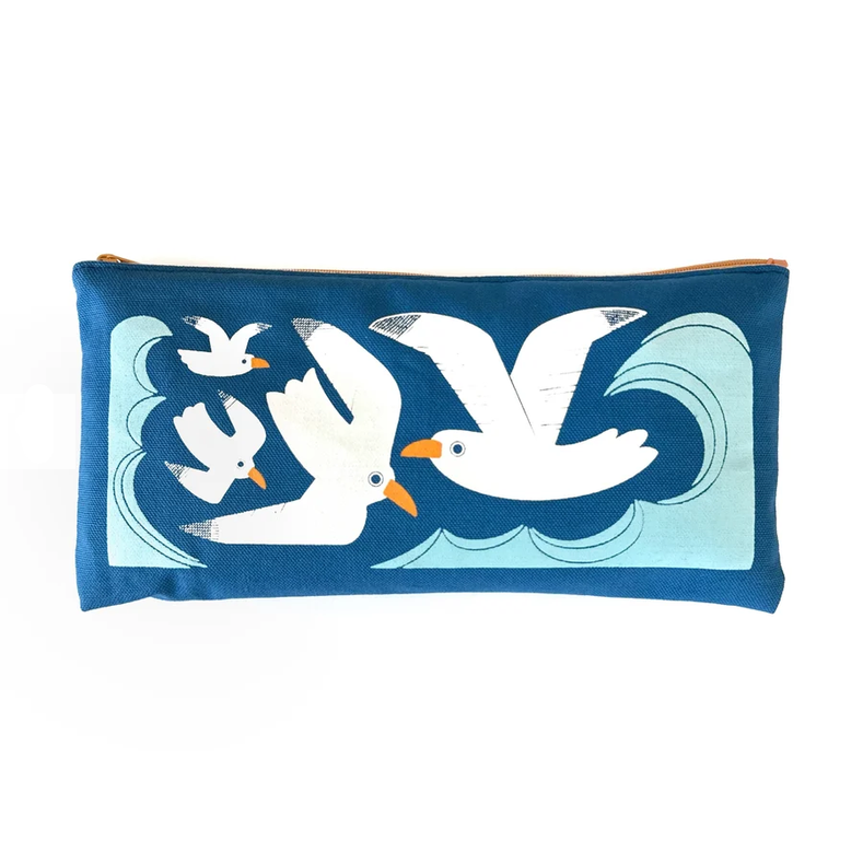 Pouch with seagull design on a blue background