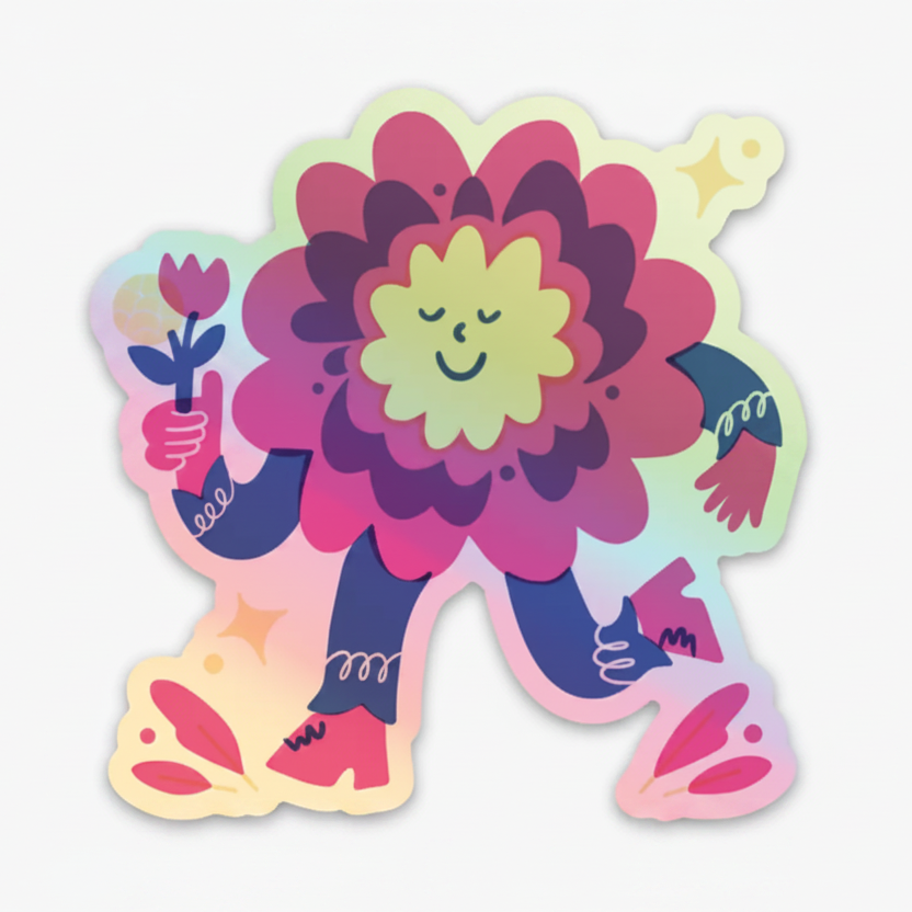 A colorful cartoon flower-shaped sticker or decal with a smiling face, pink and purple layered petals, blue limbs, and a small pink flower in one hand, shown on a plain light background.