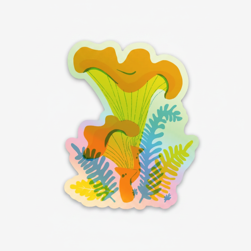 A die-cut sticker featuring a colorful graphic illustration of stylized flowers and fern leaves on a white background.