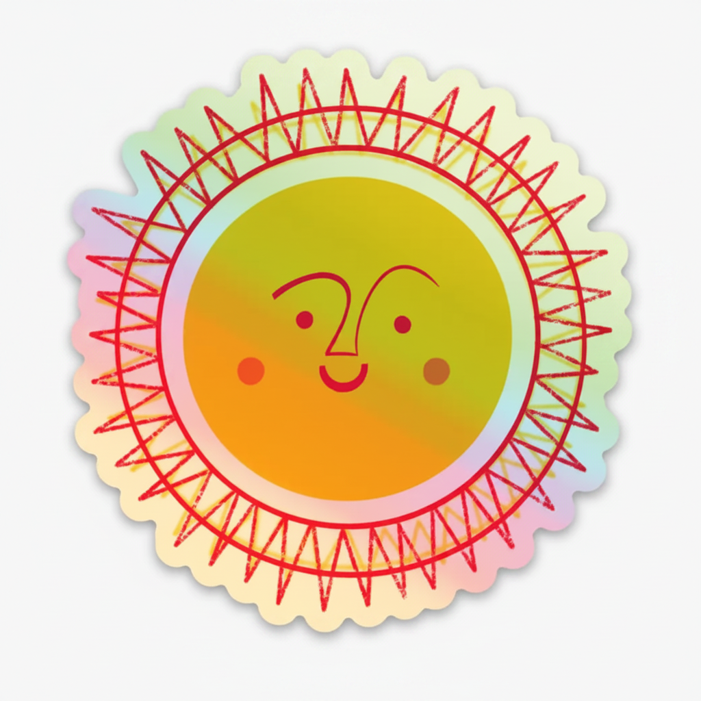 A die-cut sticker featuring a smiling sun illustration with a yellow-to-orange face, red sketch-style rays, and a soft pastel rainbow border on a light gray background.