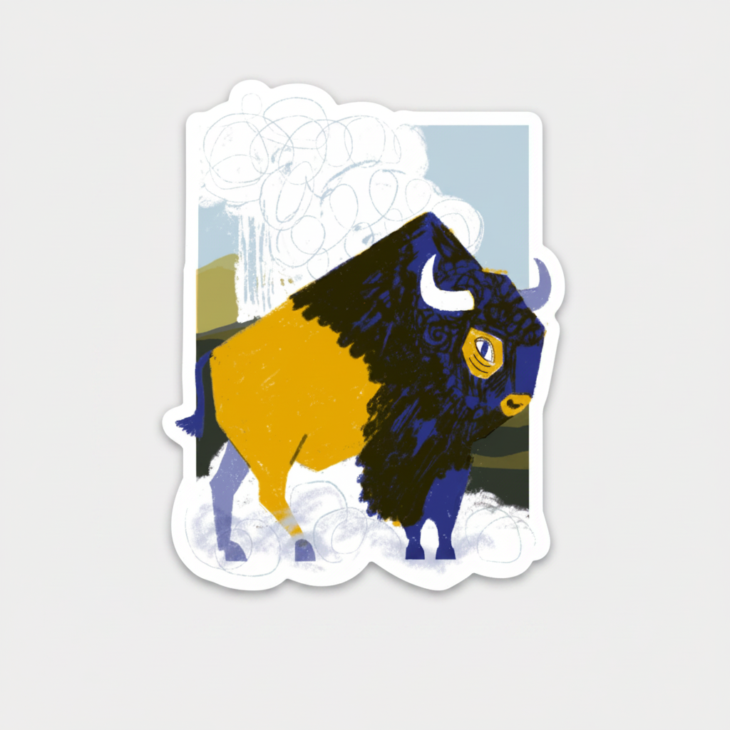 A product listing for a die-cut sticker featuring an illustrated bison 