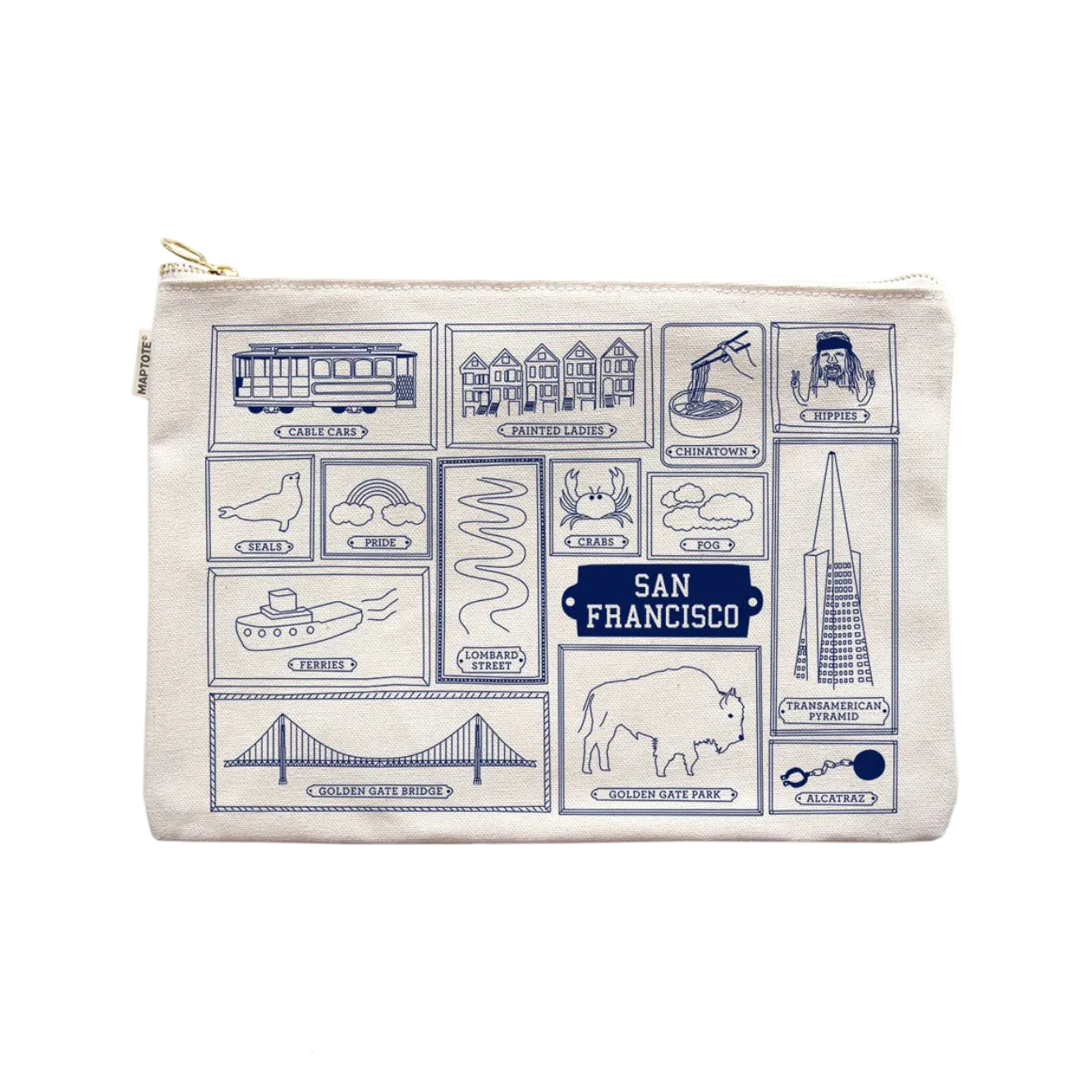 A canvas zip pouch featuring a blue San Francisco-themed travel illustration print, displayed on a white background.