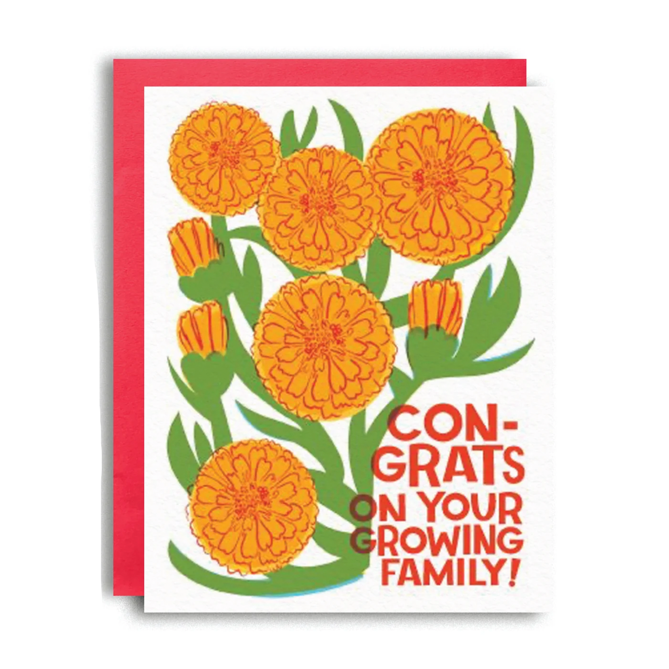 A product listing screenshot for a 'Growing Family Baby Gender Neutral Risograph Greeting Card'. The card features a white background with a colorful illustration of orange marigolds and green leaves, alongside red text that reads 'CONGRATS ON YOUR GROWING FAMILY!'.