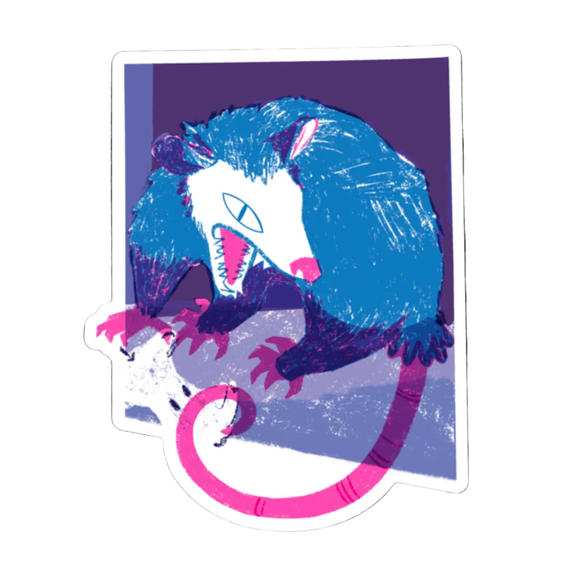 A die-cut sticker featuring a stylized blue and white opossum with pink accents.