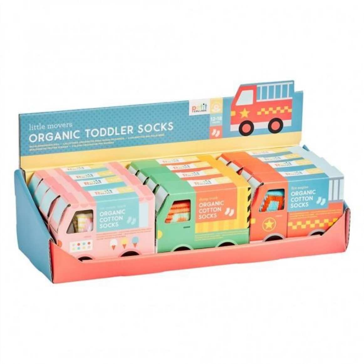 Display of organic toddler socks in colorful packaging with vehicle designs.