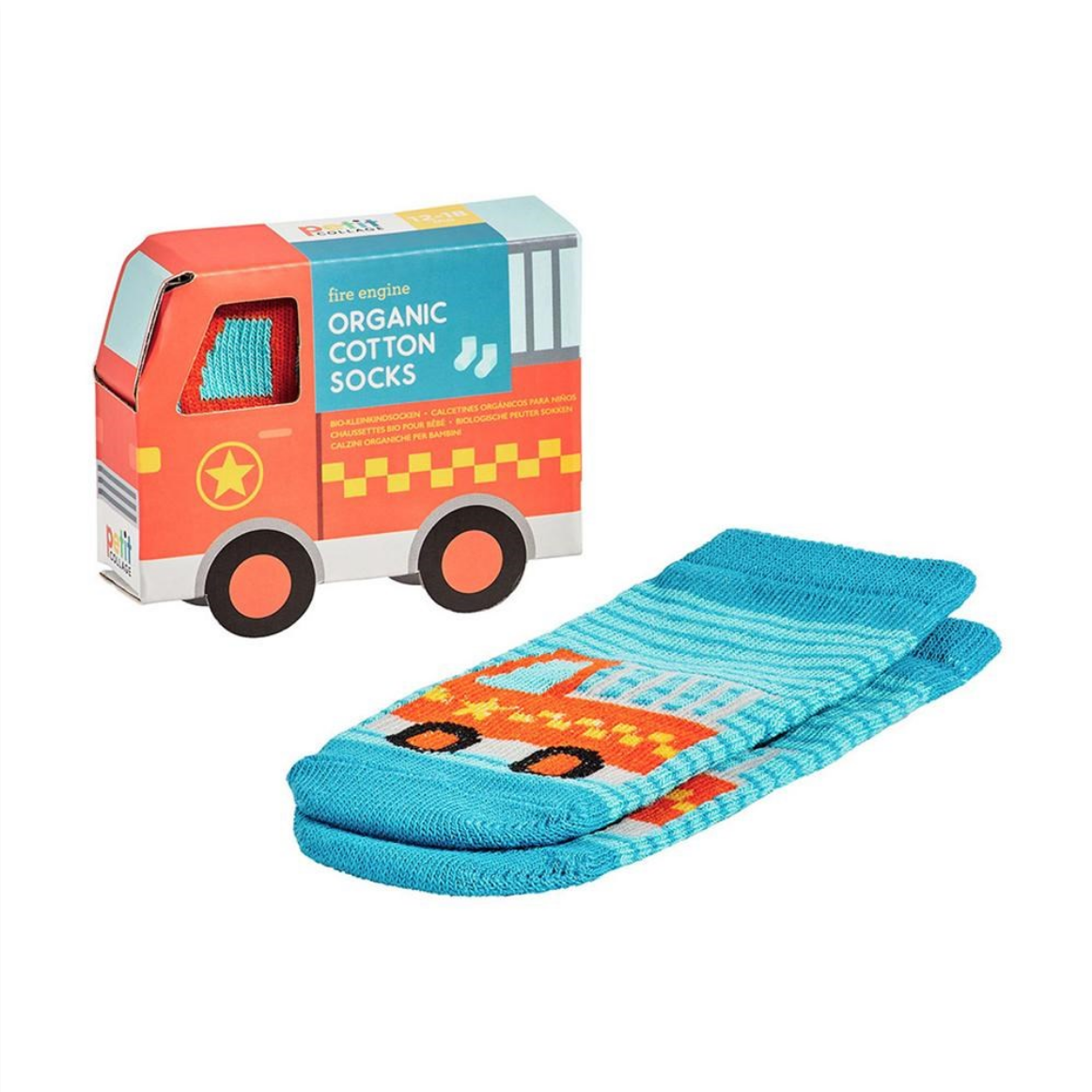 A pair of children's cotton socks with a fire truck design, displayed next to their colorful cardboard packaging box shaped like a fire truck on a white background.