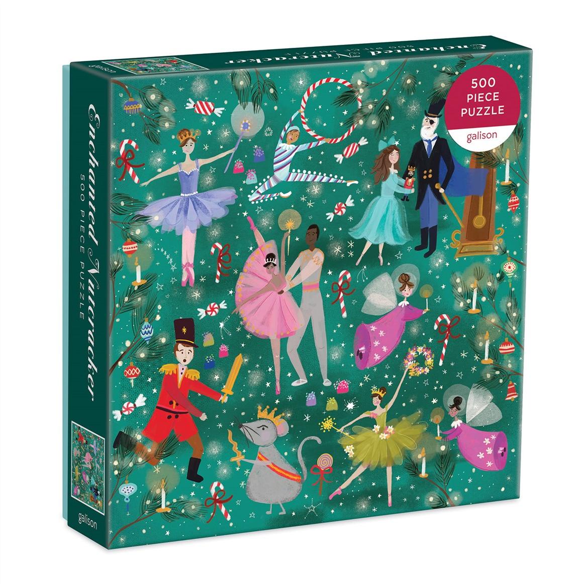 A 500-piece jigsaw puzzle box by Galton featuring a whimsical Nutcracker-themed illustration on a teal background. The box art includes ballet dancers, fairy godparents, a nutcracker, a mouse, candy canes, and holiday decorations, with a pink circular badge reading '500 PIECE PUZZLE'.