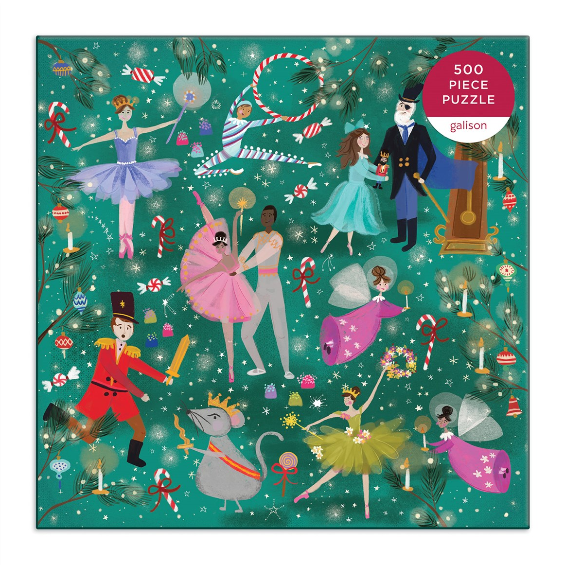 A square jigsaw puzzle box featuring a festive holiday ballet illustration on a teal background. The artwork shows multiple ballerinas, a nutcracker, a clock, candy canes, ornaments, and a mouse in a snowy Christmas scene.