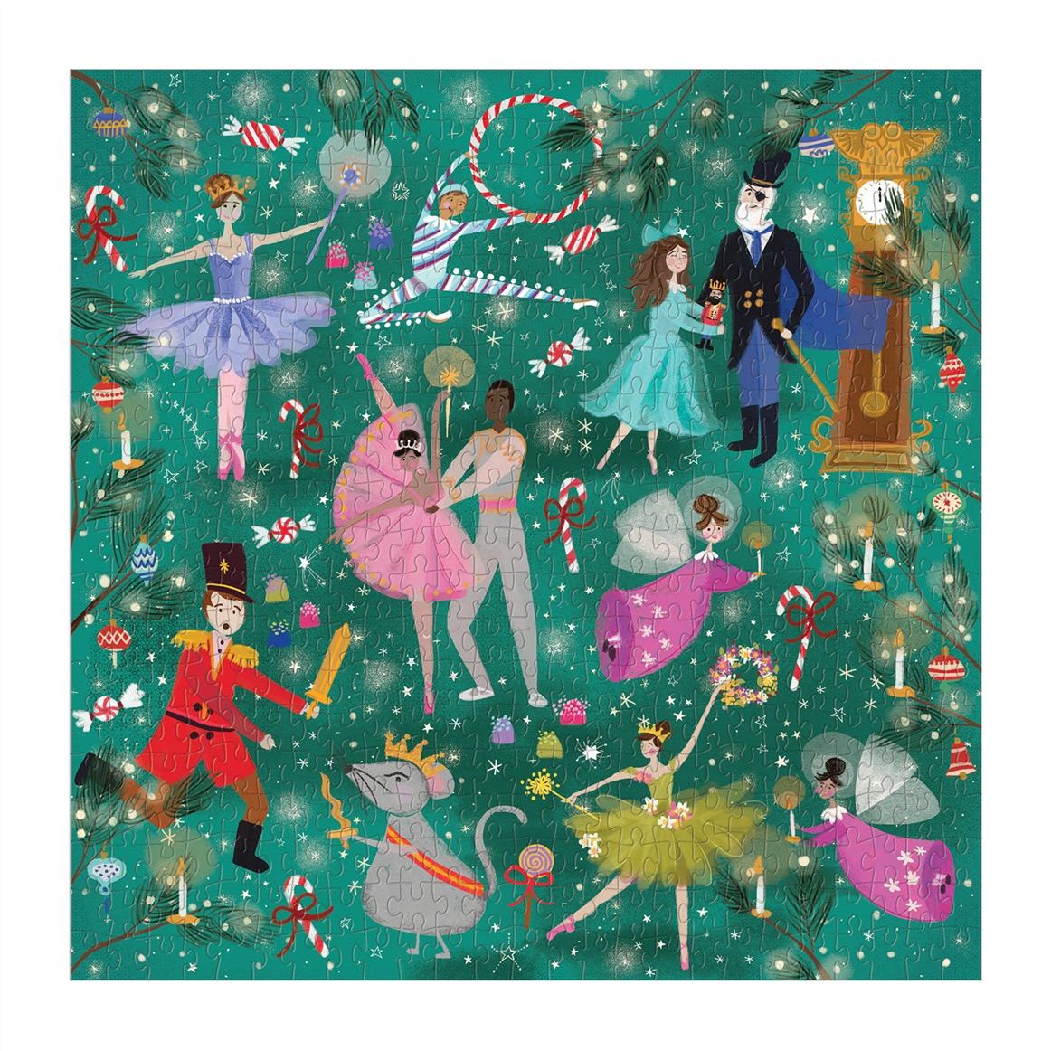 A square jigsaw puzzle featuring a whimsical Christmas nutcracker ballet theme, with illustrated ballerinas, a nutcracker, candy canes, snow globes, and festive decorations on a teal background.