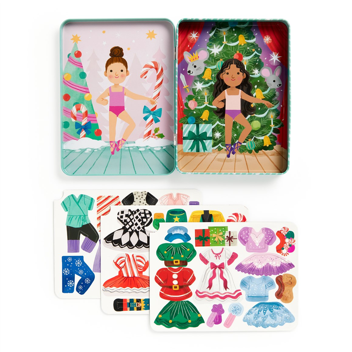 Toy dress-up set with character cards and accessories on a white background