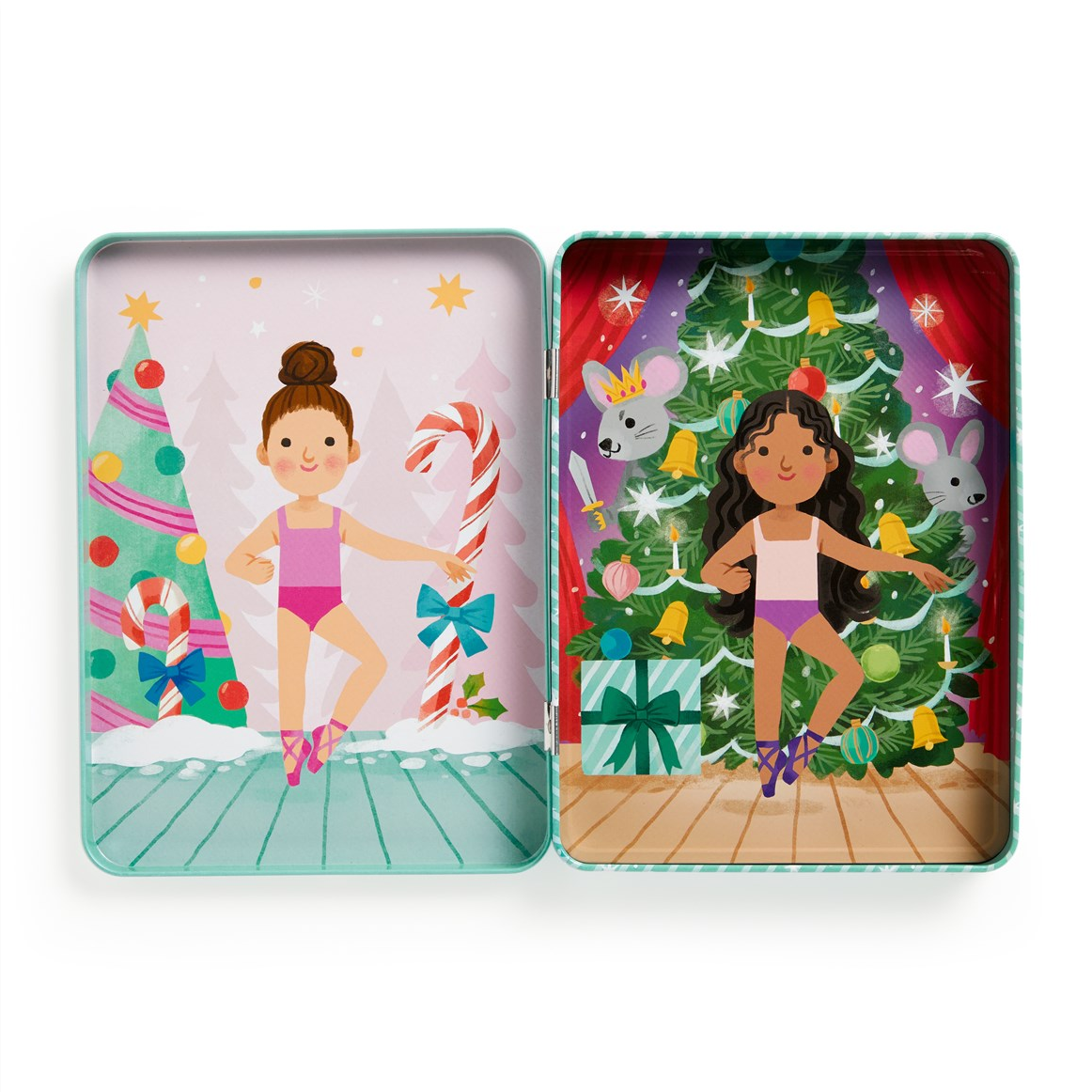 Two toy boxes with illustrations of a girl and a mouse in front of a Christmas tree.