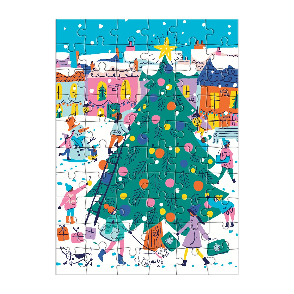 A completed jigsaw puzzle featuring a colorful winter Christmas village scene with a large decorated tree, children, houses, snow, and gifts, shown on a plain white background.