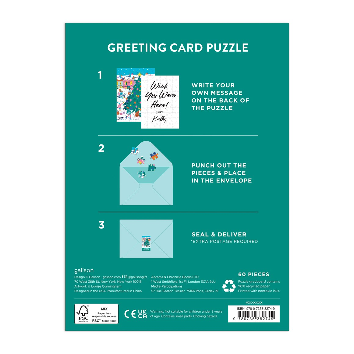 Back of a Greeting Card Puzzle packaging card in teal, showing step-by-step instructions: write a message on the back of the puzzle card, punch out pieces, place them in an envelope, and seal/deliver. Includes small product imagery, brand text 'gallison', and a barcode at the bottom.
