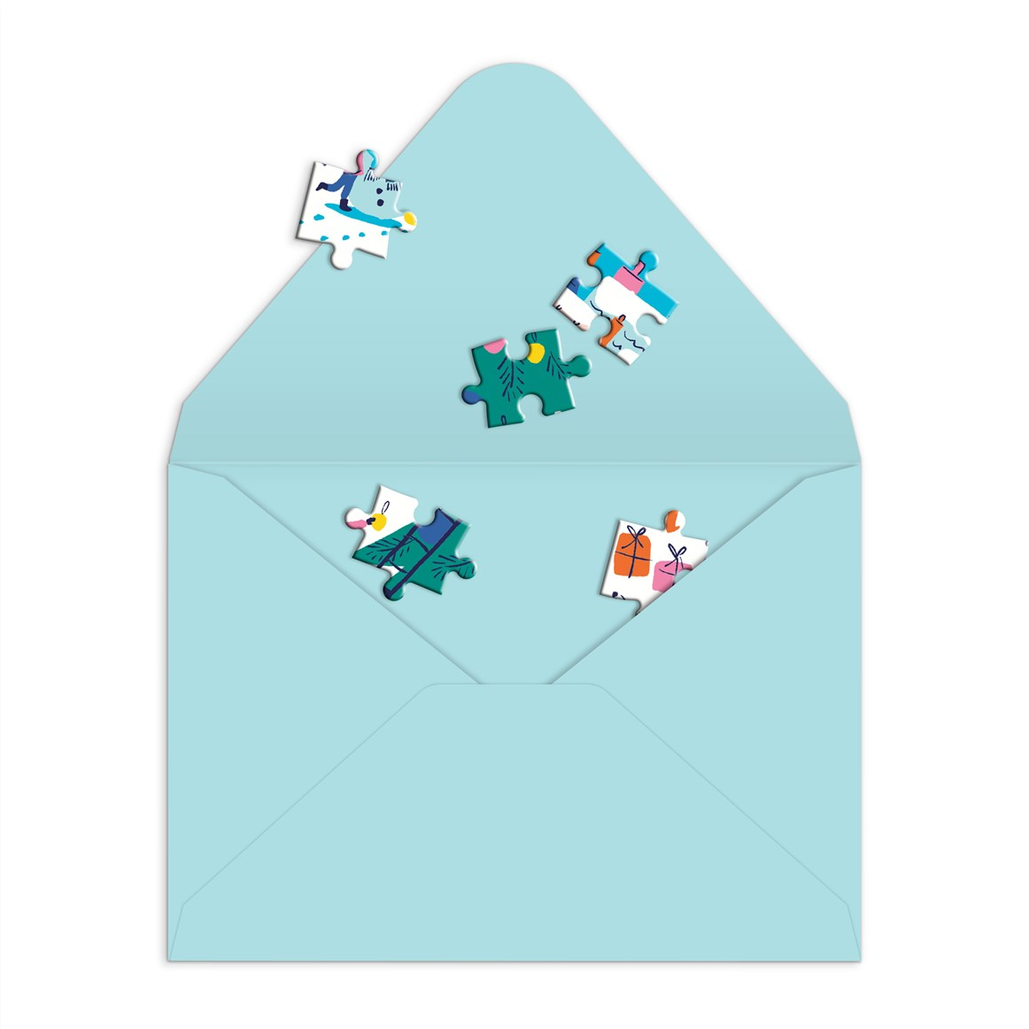 A light blue envelope on a white background with four small jigsaw puzzle pieces scattered inside and around it. The puzzle pieces feature colorful cartoon-style illustrations, including a blue character, a green figure, and other small scenes.