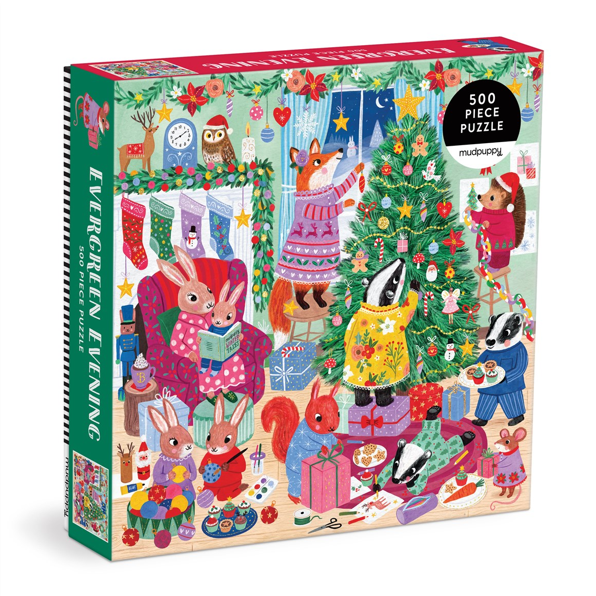 Puzzle box with festive animal illustrations and a Christmas tree.