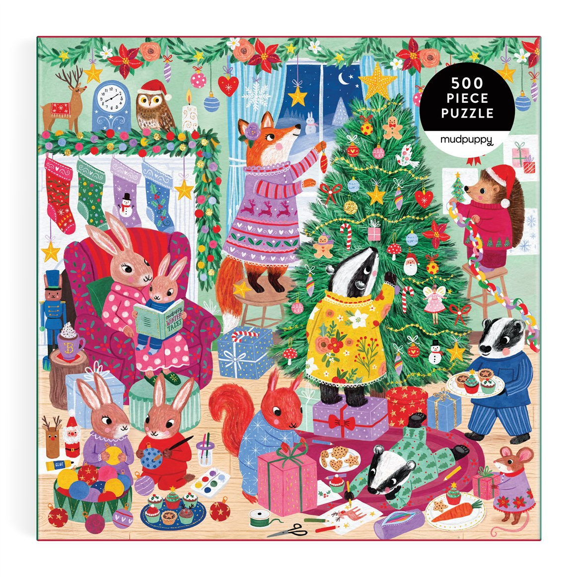 Christmas-themed puzzle packaging with animals around a decorated tree, featuring Mudpuppy branding.