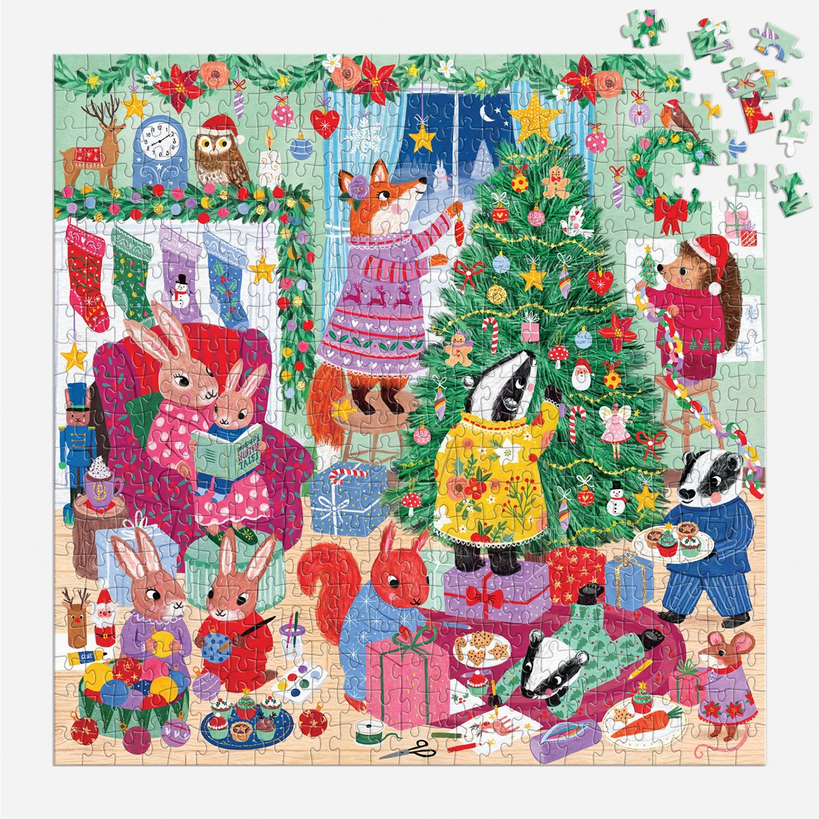 Christmas-themed puzzle with animals around a decorated tree