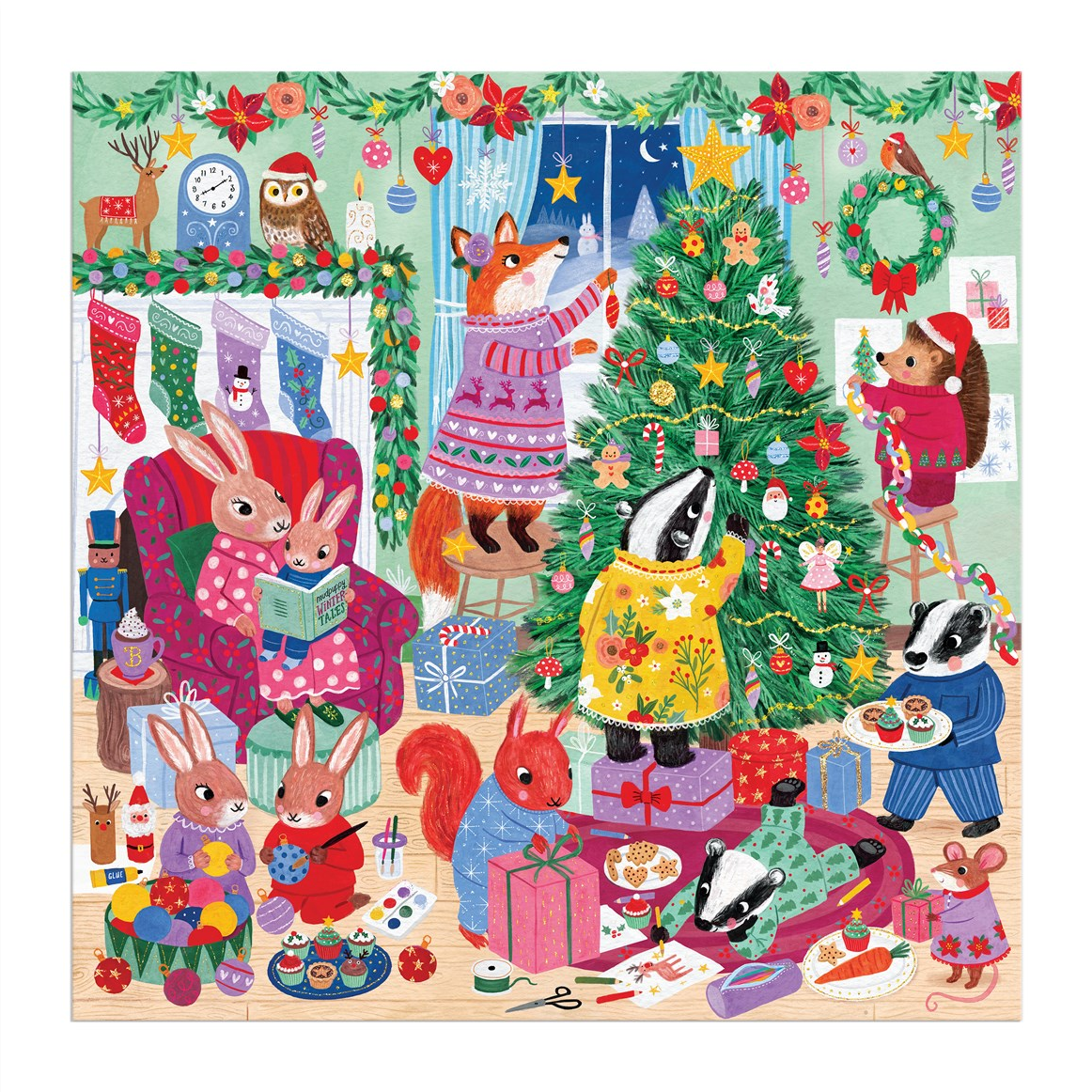 Illustration of animals celebrating Christmas around a decorated tree.