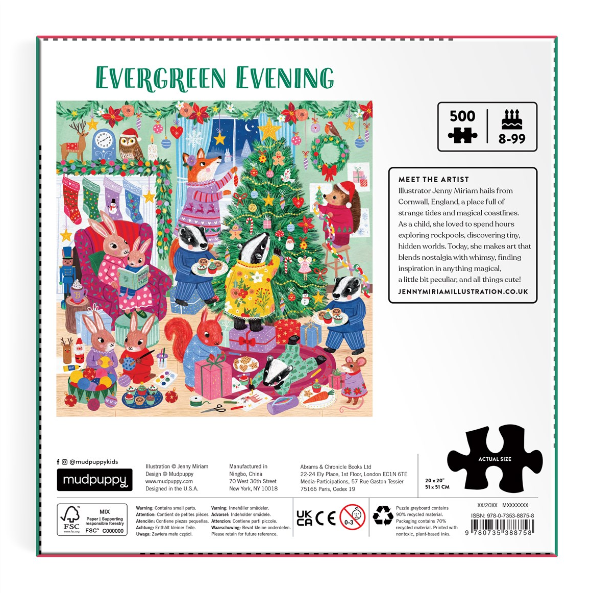 Jigsaw puzzle packaging for 'Evergreen Evening' featuring Christmas-themed illustrations.