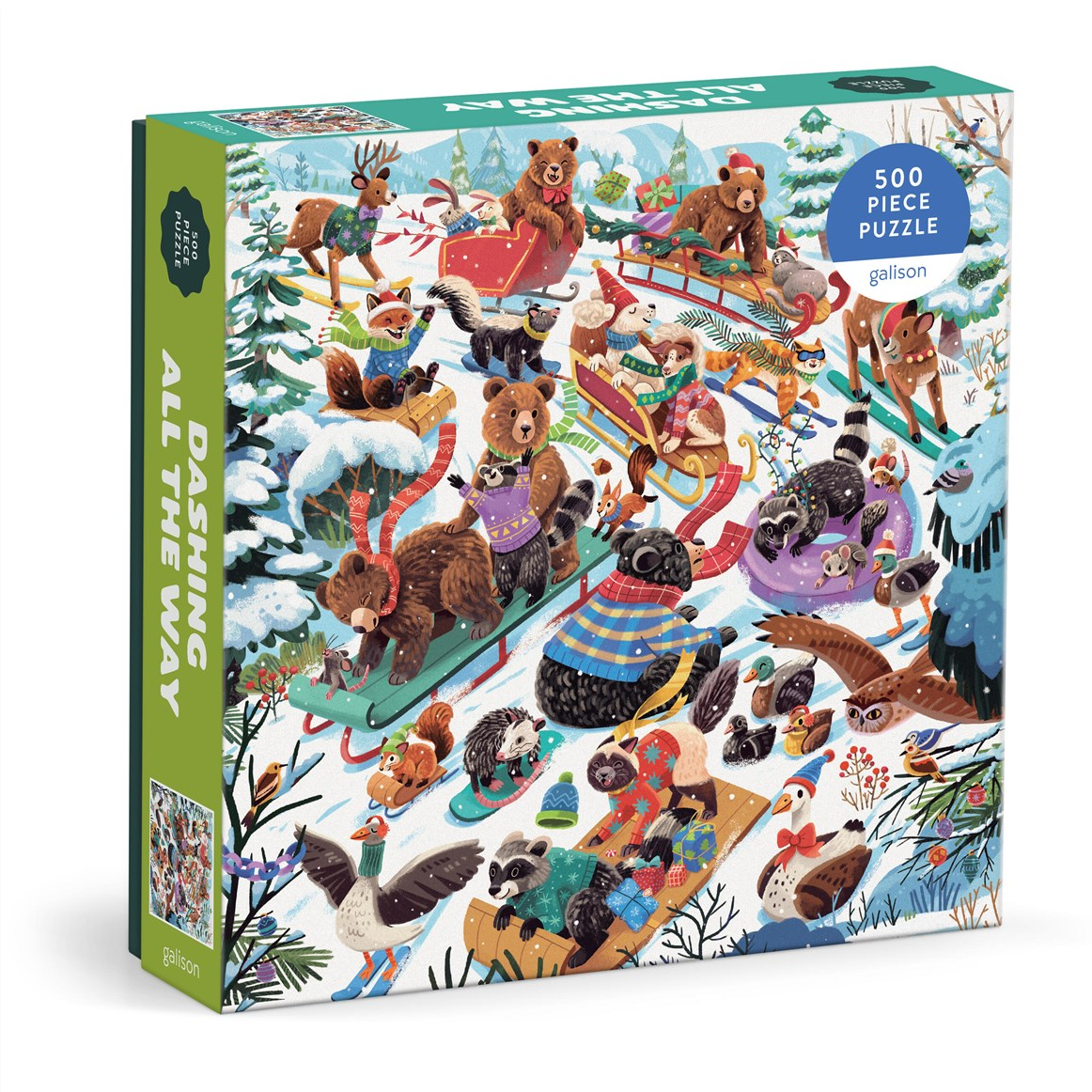 Jigsaw puzzle box with winter-themed illustration of animals and text 'Dashing All the Way'.