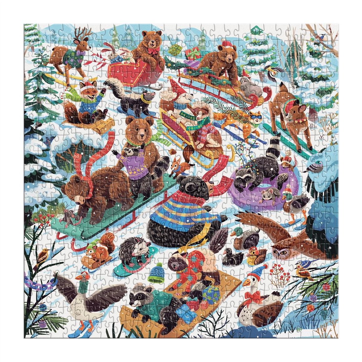 Jigsaw puzzle with winter-themed scene featuring animals in colorful outfits.